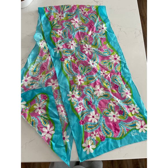 Lilly Pulitzer Ford 2004 Womens Silk Paisley Scarf Bandana Awareness Cancer Pink - Picture 3 of 4